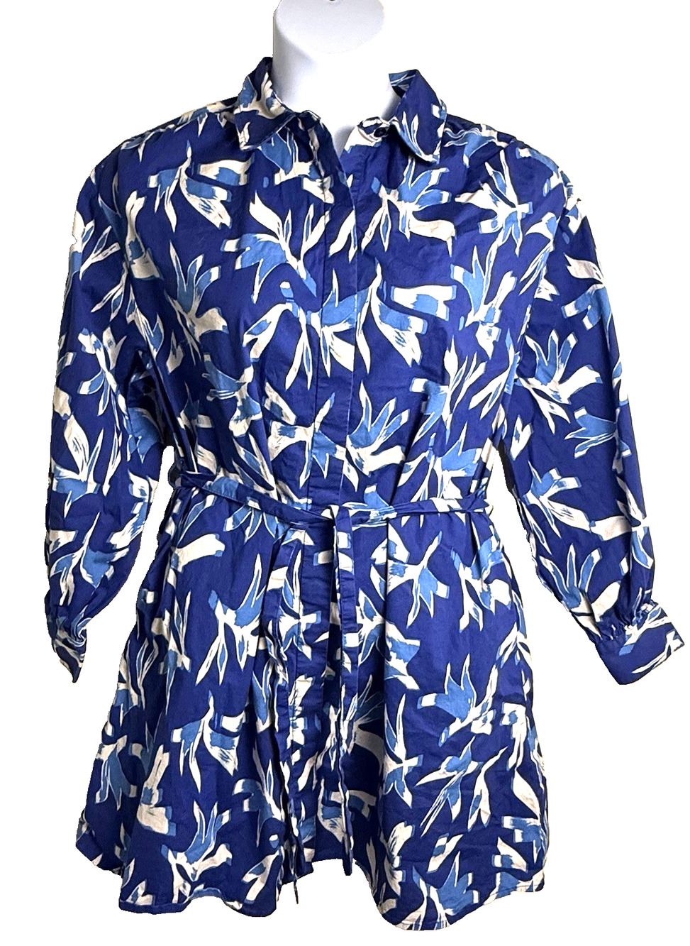 Scoop ballon sleeve poplin Shirt Dress Large blue botanical Cottagecore Coastal